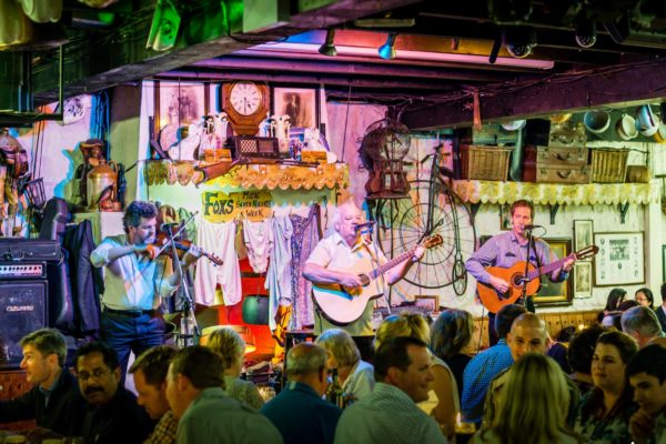 Traditional Irish musicians performing live at Johnnie Fox’s Hooley Show