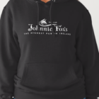 Black hoodie with large Johnnie Fox’s logo printed across the chest.