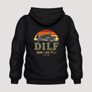 Black hoodie with DILF ‘Damn I Love Fox’s’ graphic design on the back.