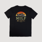 Black T-shirt with MILF ‘Man I Love Fox’s’ graphic on the back.