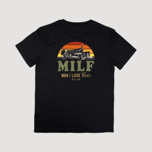 Black T-shirt with MILF ‘Man I Love Fox’s’ graphic on the back.
